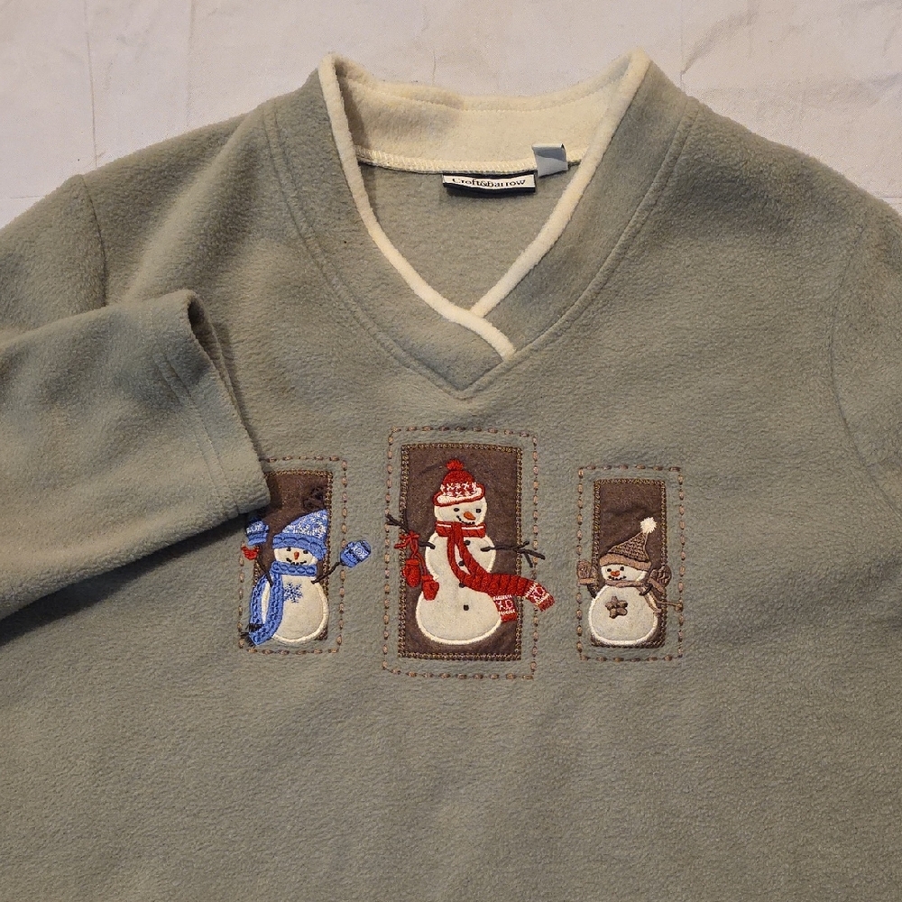 Croft & Barrow V-Neck Fleece Pullover Sweater with Embroidered Snowman Design 1X